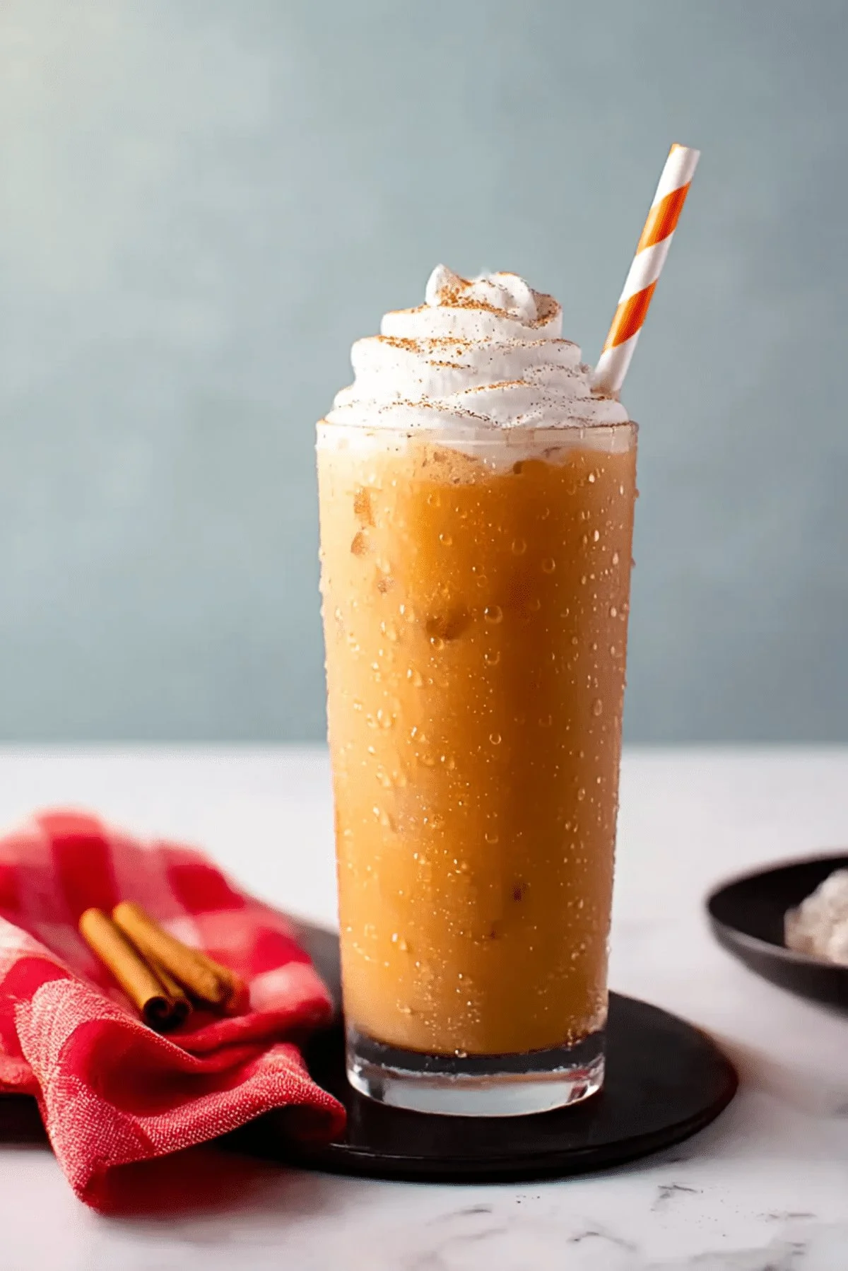 Iced Pumpkin Spice Latte in a glass topped with whipped cream and spice