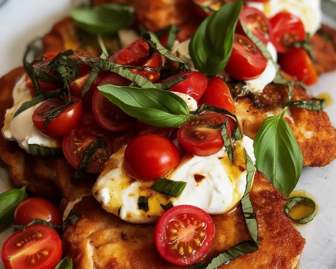 Crispy Italian basil chicken cutlets topped with fresh tomatoes and creamy burrata cheese.