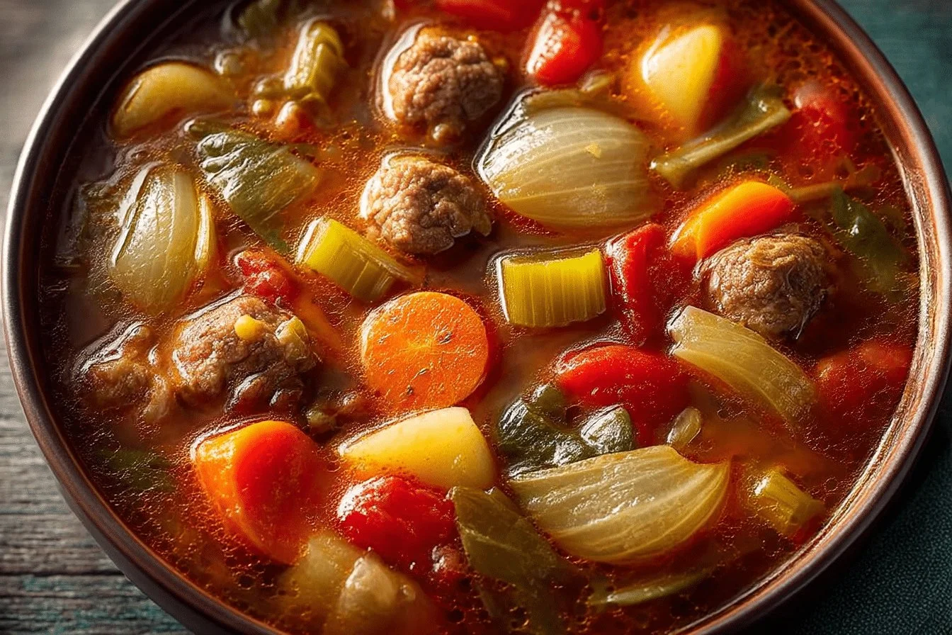 Bowl of Italian Beef Vegetable Soup filled with fresh vegetables and hearty beef.