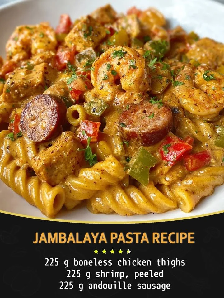 Bowl of Jambalaya Pasta garnished with herbs and seafood