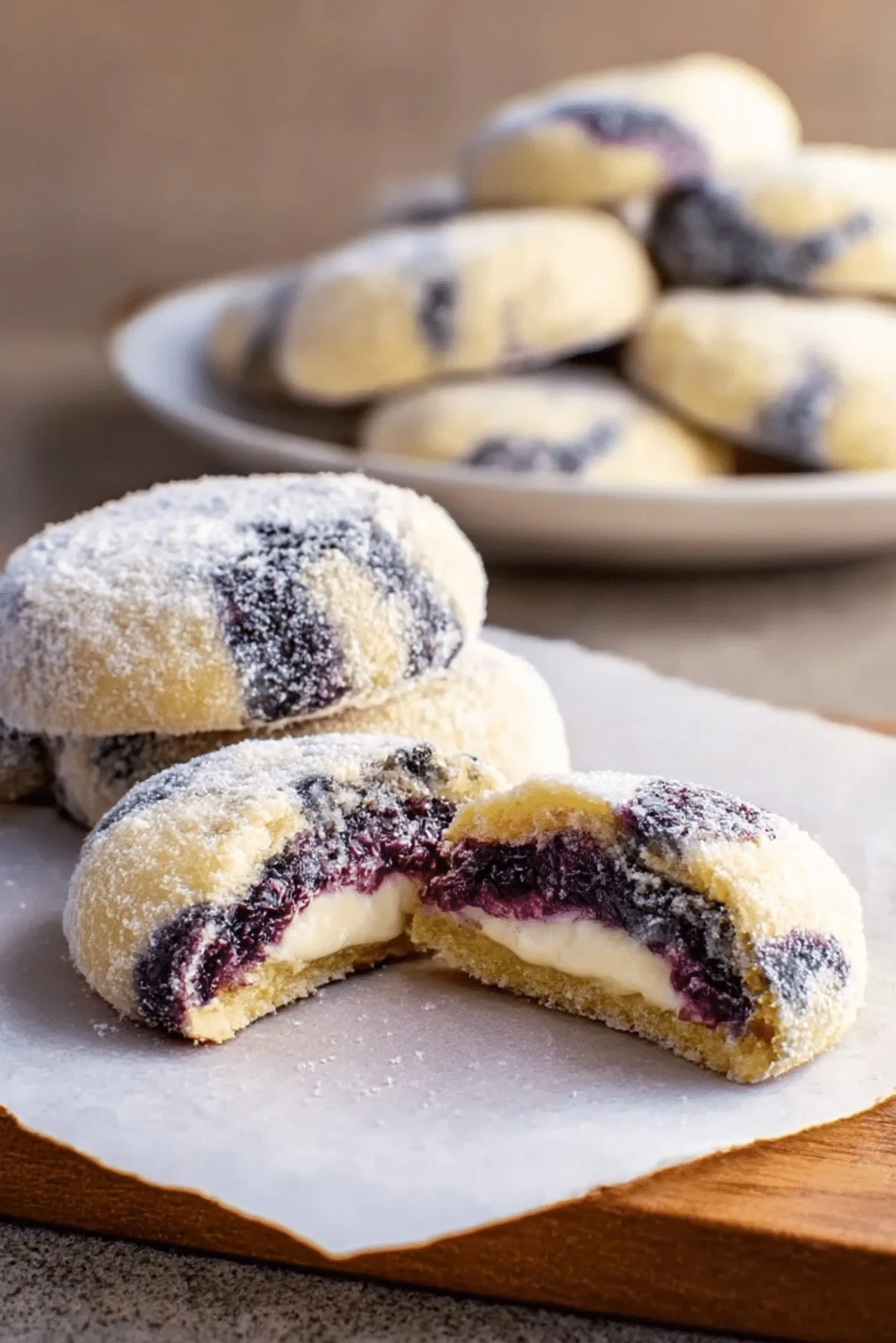 Freshly baked lemon blueberry sauce cookies on a plate.