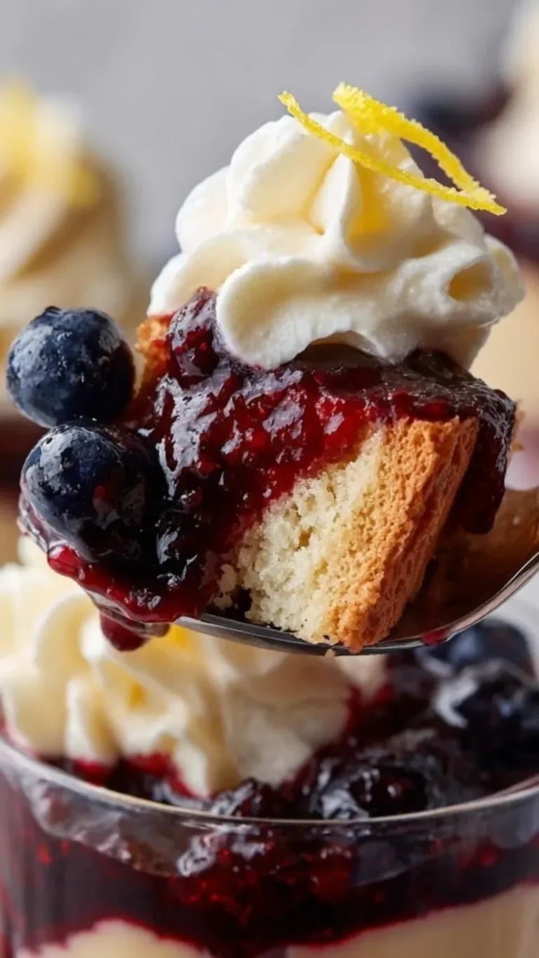 Lemon-Berry mini trifles served in clear glasses, showcasing layers of berries and cream.