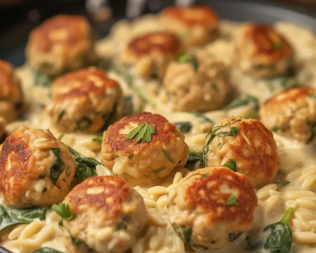 Lemon chicken ricotta meatballs served over garlic orzo with fresh spinach and creamy sauce.