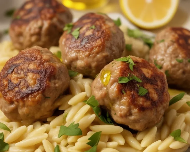 Lemon Chicken Ricotta Meatballs served over Garlic Orzo with Spinach.