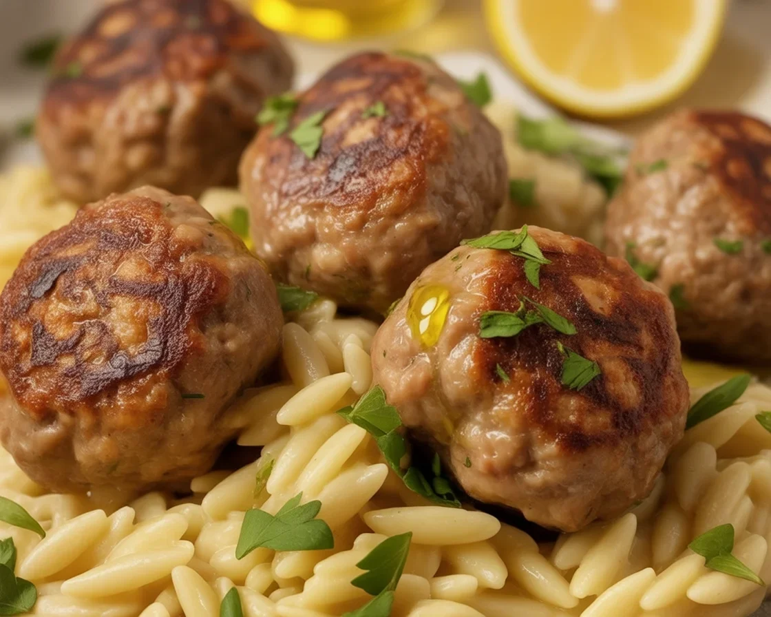 Lemon Chicken Ricotta Meatballs served over Garlic Orzo with Spinach.