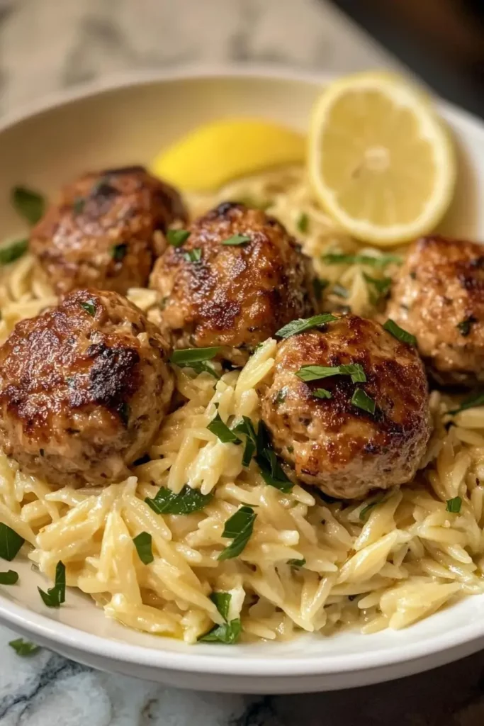 Lemon Chicken Ricotta Meatballs served with garlic orzo on a plate