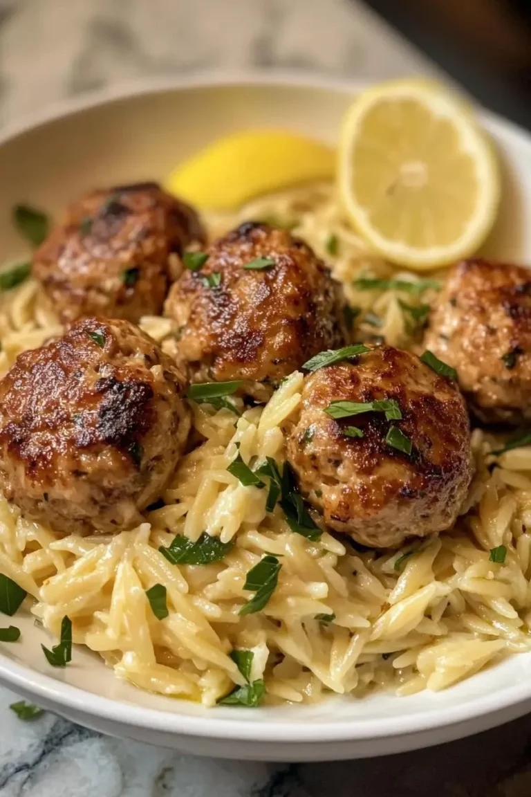 Lemon Chicken Ricotta Meatballs served with garlic orzo on a plate