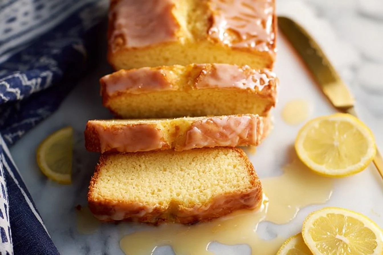 A slice of moist Lemon Yogurt Cake served with fresh lemon slices.