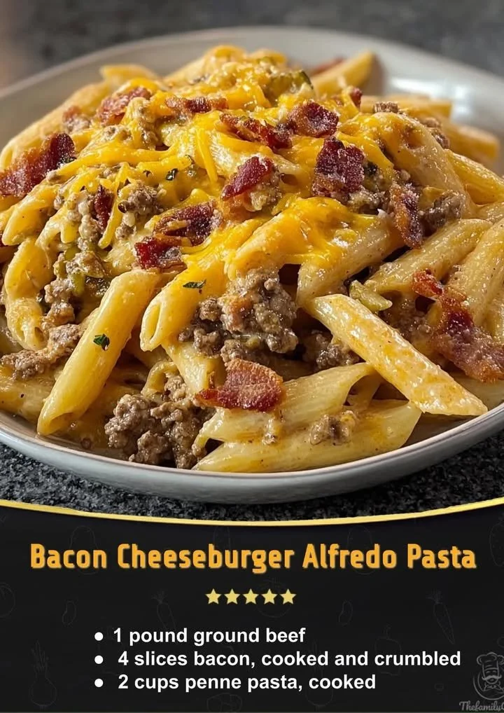 Creamy Loaded Bacon Cheeseburger Alfredo Pasta served on a plate
