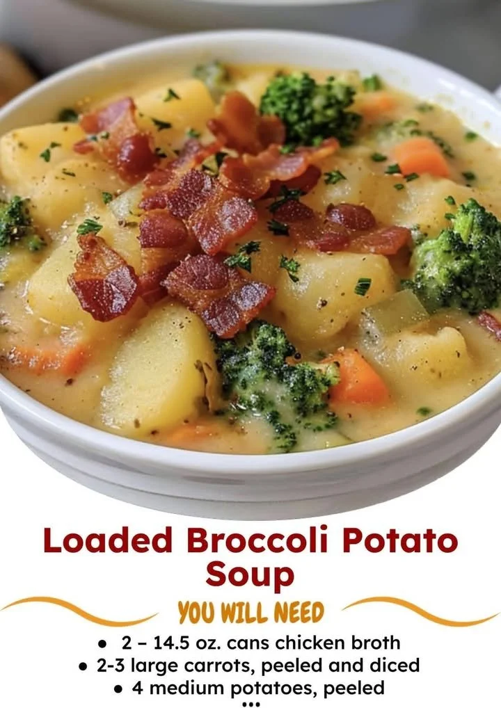 Bowl of loaded broccoli potato soup topped with cheese and herbs