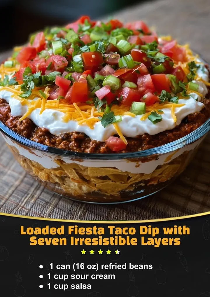 Delicious Loaded Fiesta Taco Dip served in a colorful bowl with toppings