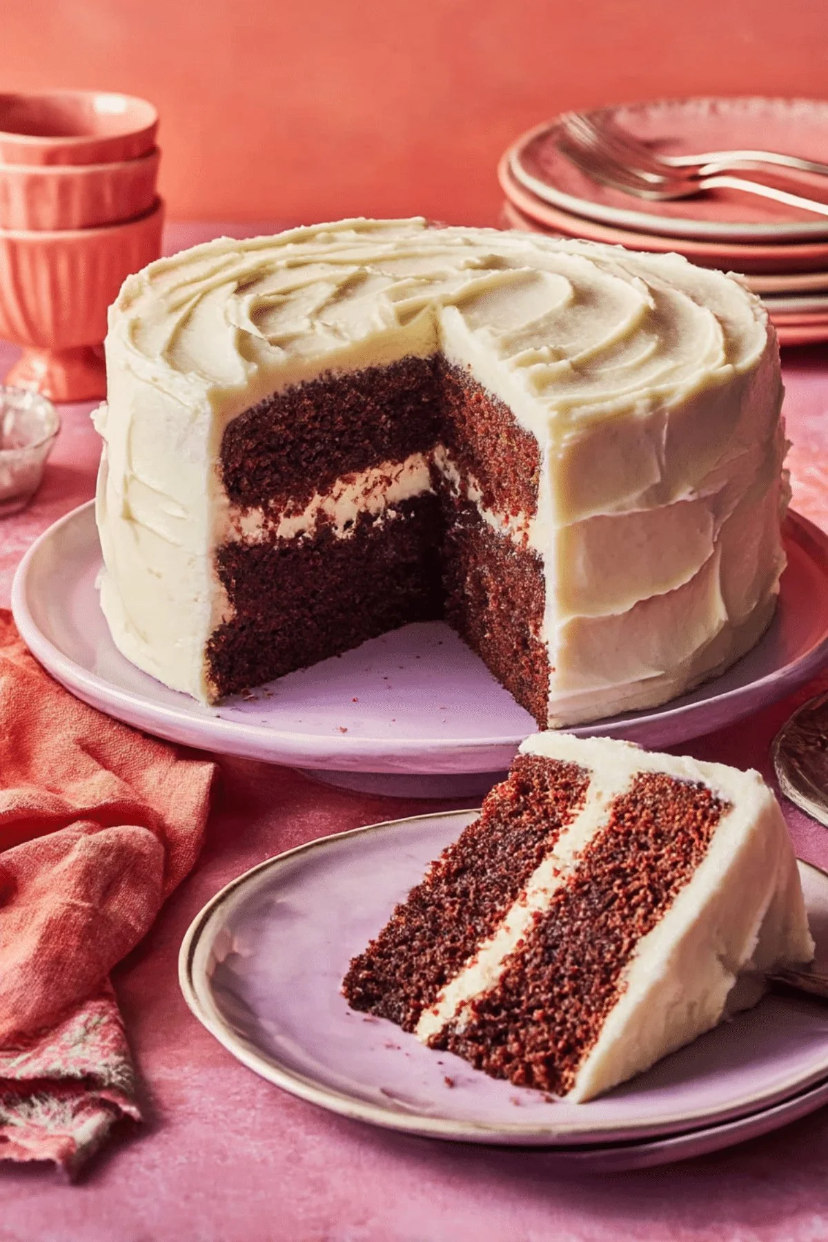 Slice of moist Mahogany Cake topped with cream cheese frosting on a plate.