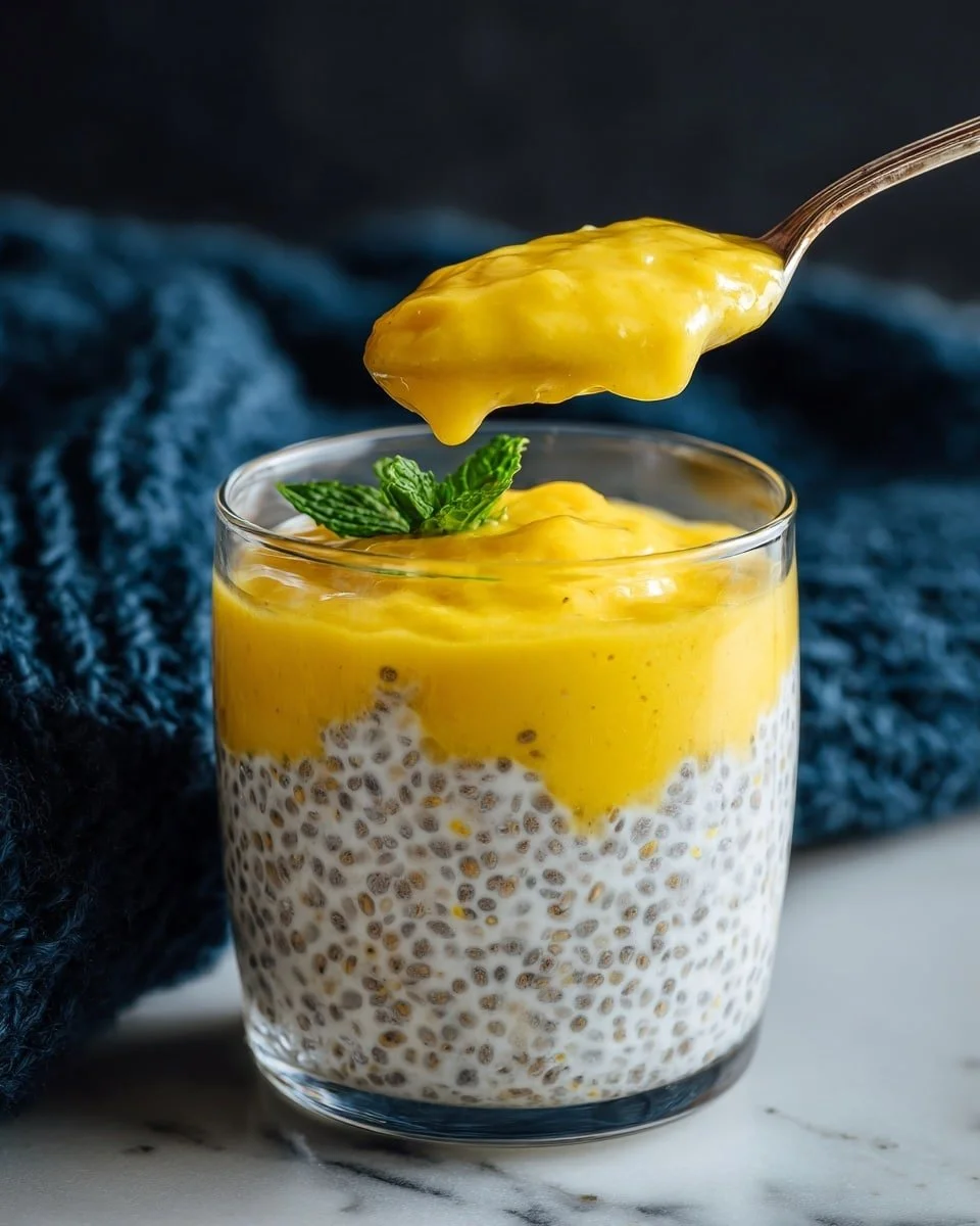 Mango Chia Seed Pudding in a bowl with fresh mango chunks