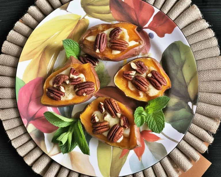 Maple Pecan Brie Stuffed Sweet Potatoes topped with Cranberry Glaze