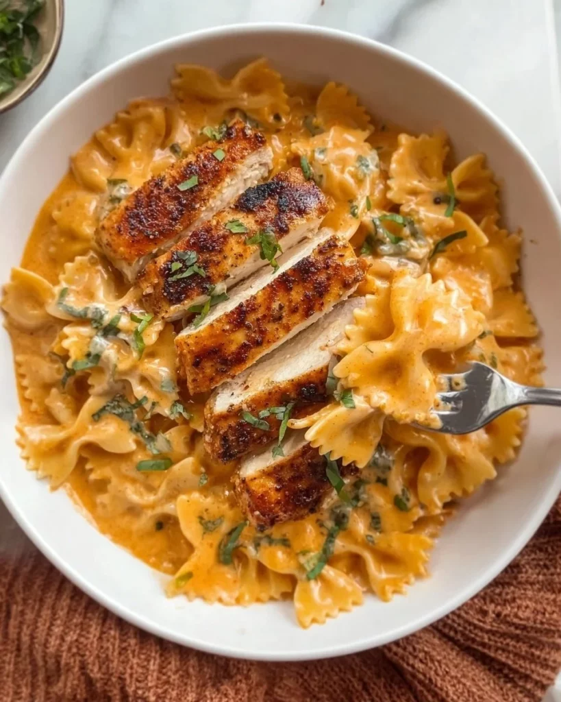Delicious Marry Me Vegan Chicken Pasta topped with fresh herbs and spices.