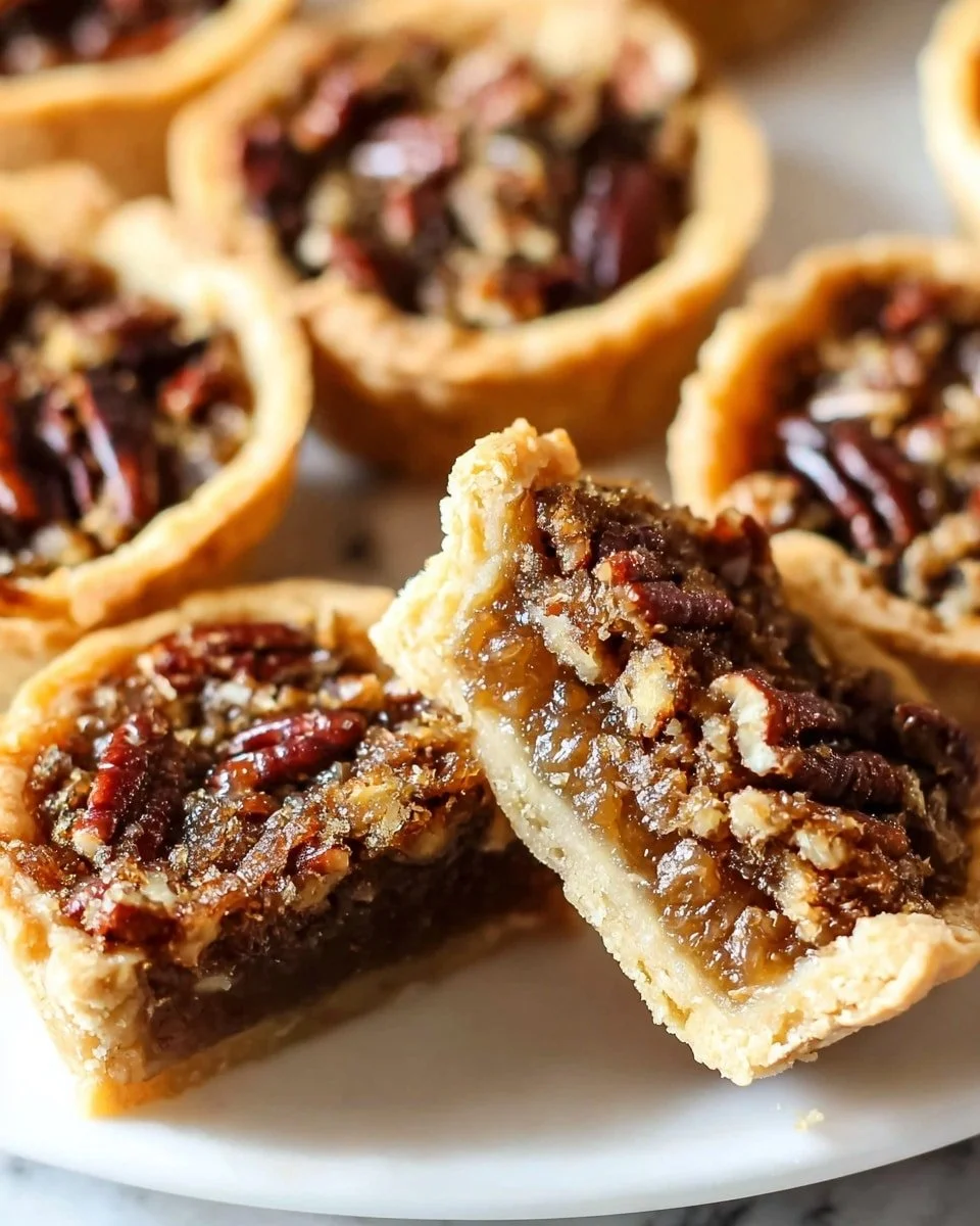 Homemade mini pecan pies on a rustic wooden table.