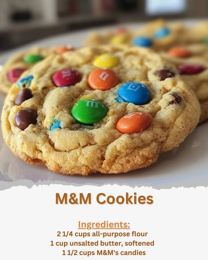 Freshly baked M&M cookies with colorful chocolate pieces