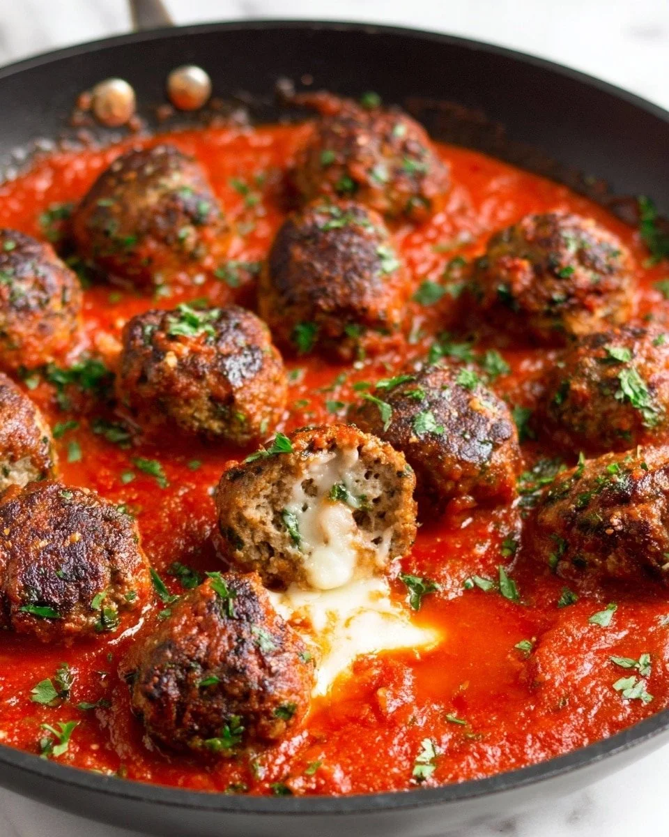 Mozzarella-stuffed meatballs in marinara sauce served on a plate