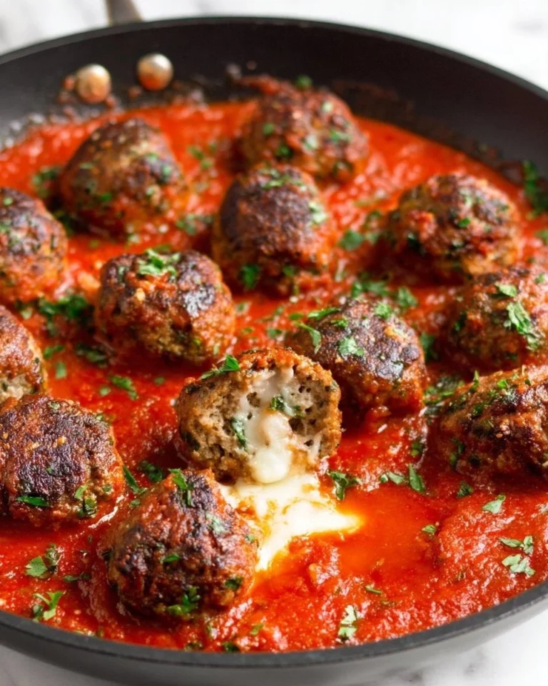 Mozzarella-stuffed meatballs simmering in marinara sauce