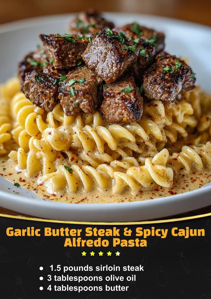 Garlic Butter Steak Bites & Spicy Cajun Alfredo Twisted Pasta