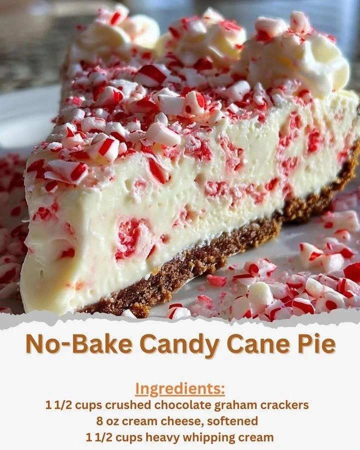 No-Bake Candy Cane Pie topped with festive crushed candy canes