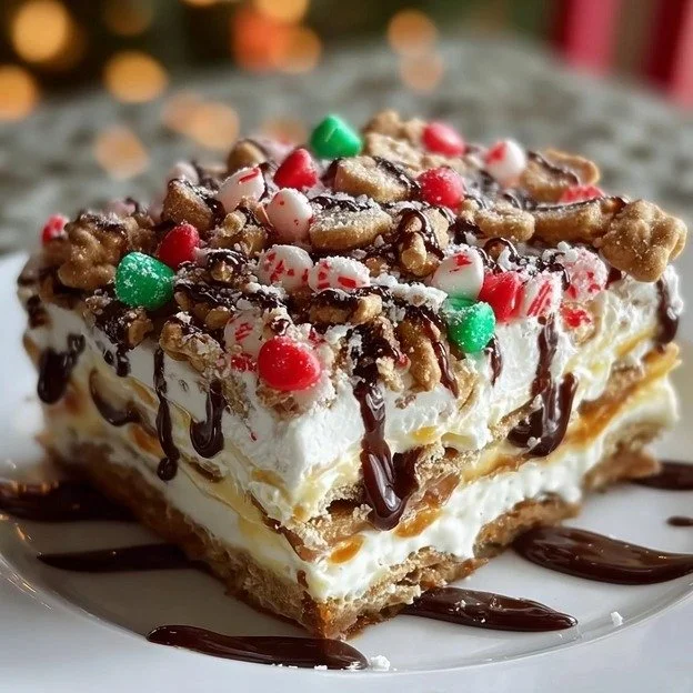 Delicious No Bake Christmas Cookie Lasagna with layers of cookies and cream