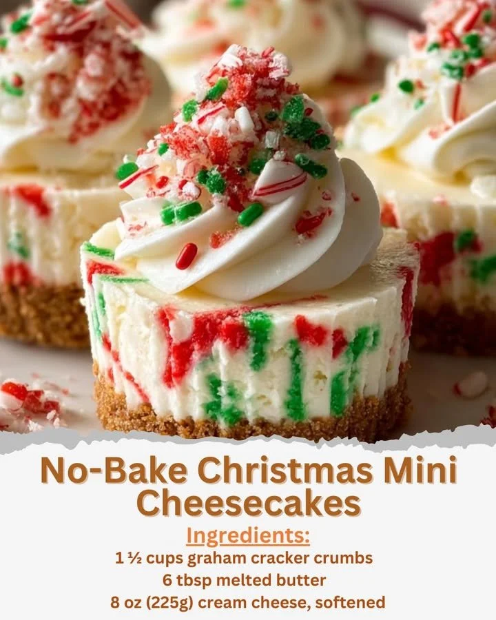 No-bake Christmas mini cheesecakes decorated for the holiday season