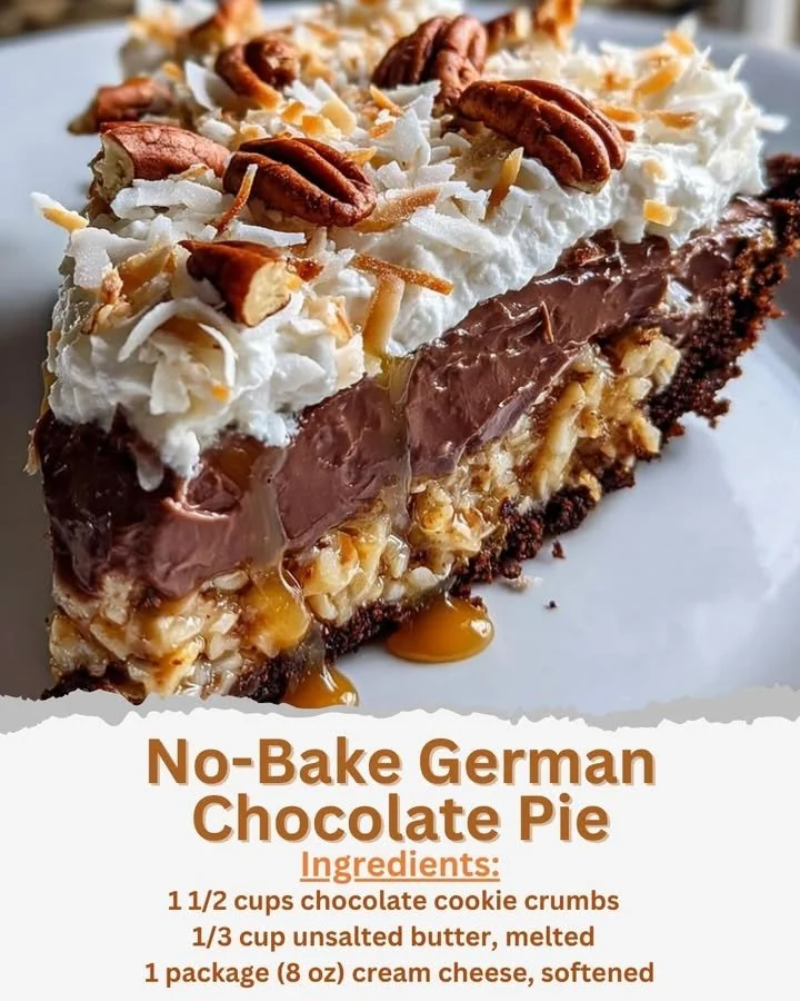 No-Bake German Chocolate Pie garnished with chocolate and coconut flakes.