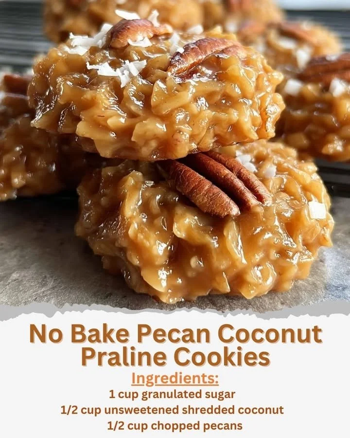 No bake pecan coconut praline cookies on a plate, perfect for dessert lovers.