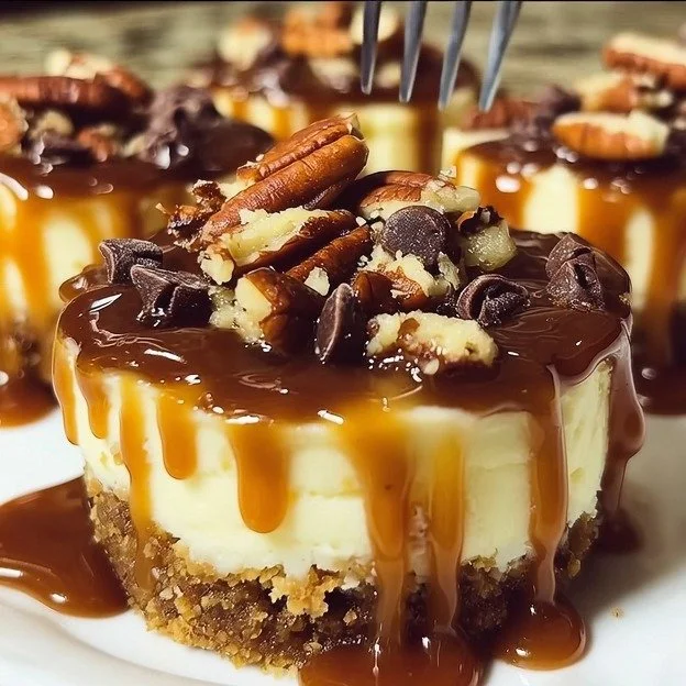 Delicious no bake turtle mini cheesecakes topped with caramel and nuts