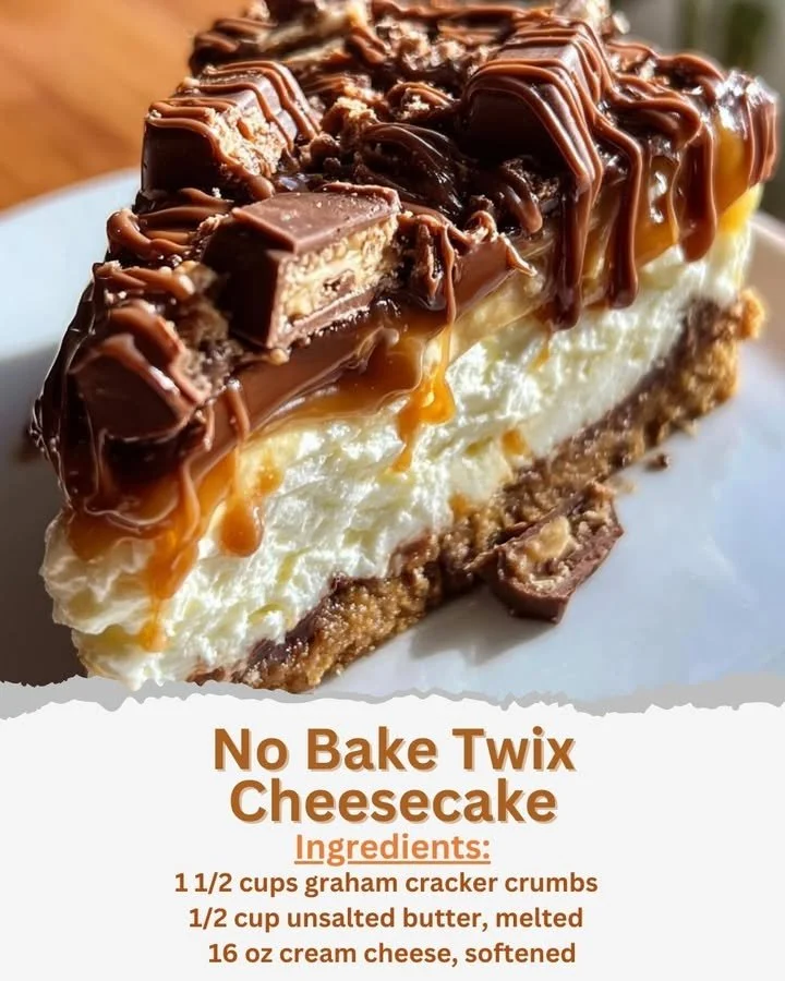 No Bake Twix Cheesecake topped with caramel and chocolate pieces