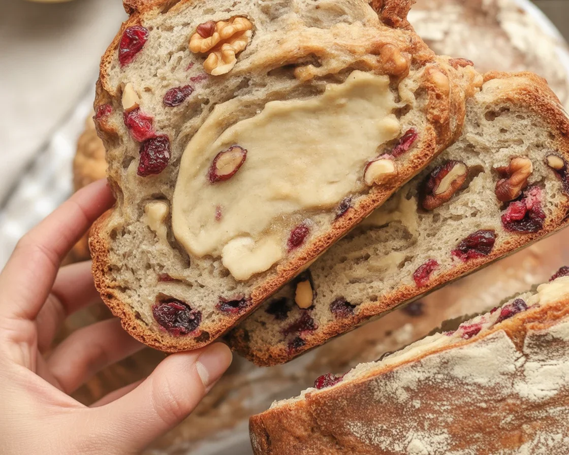 Freshly baked no-knead cranberry walnut bread with a golden crust