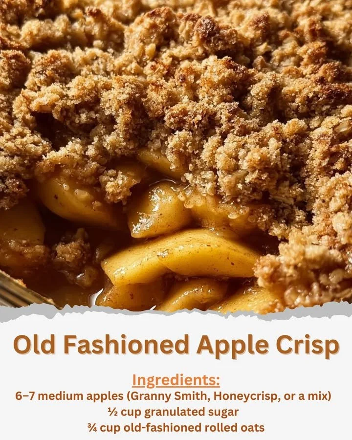 Delicious old fashioned apple crisp with a golden topping and fresh apple filling