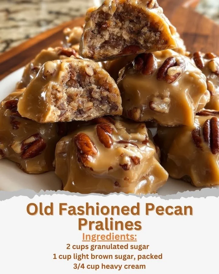 Plate of homemade Old Fashioned Pecan Pralines with pecans and caramel