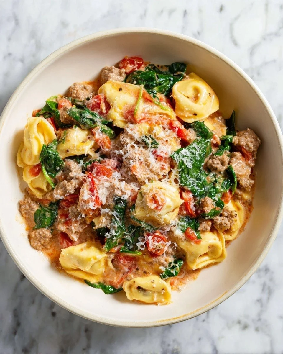 One-Pan Italian Sausage and Cheese Tortellini Skillet served in a dish