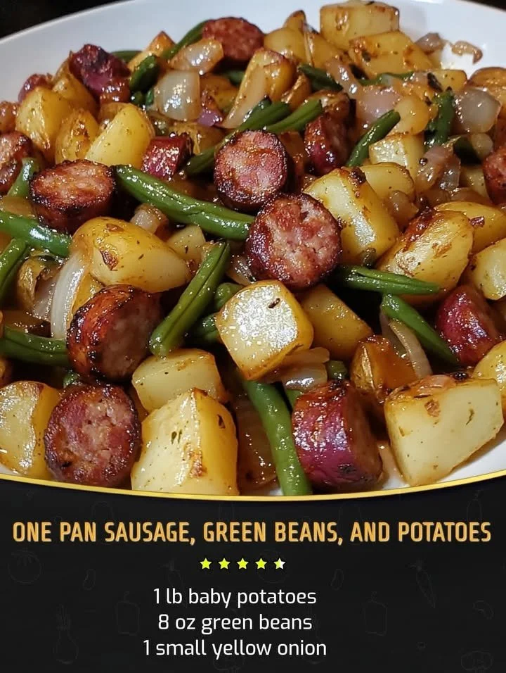 One pan sausage, green beans, and potatoes dish ready to serve