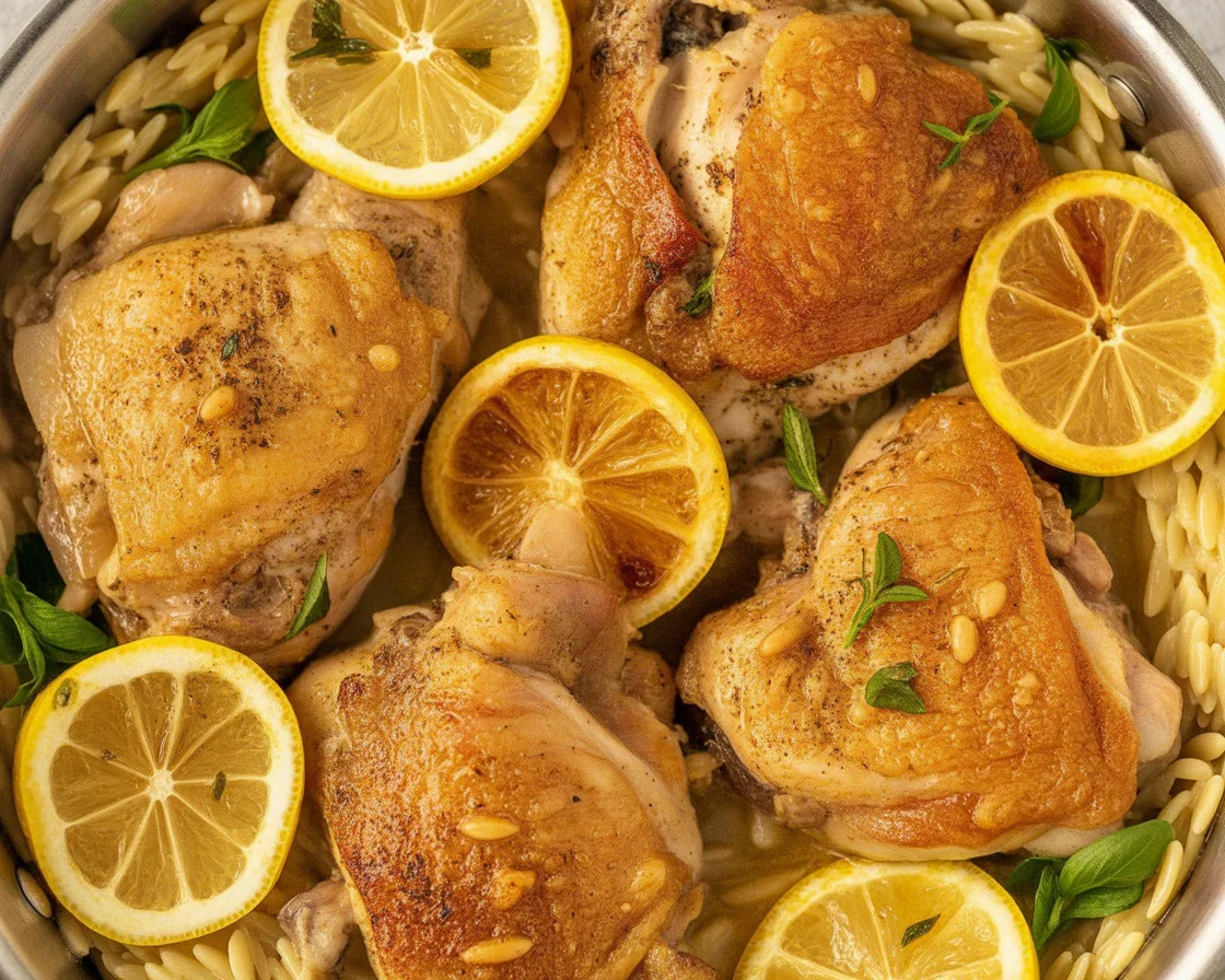 One-Pot Garlic Butter Lemon Chicken Orzo dish with golden chicken and creamy orzo