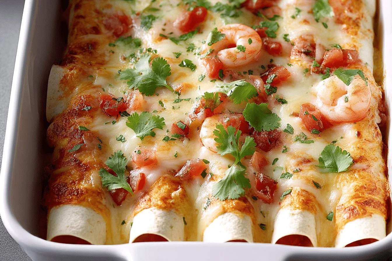 Plate of Over-the-Border Shrimp Enchiladas topped with fresh herbs