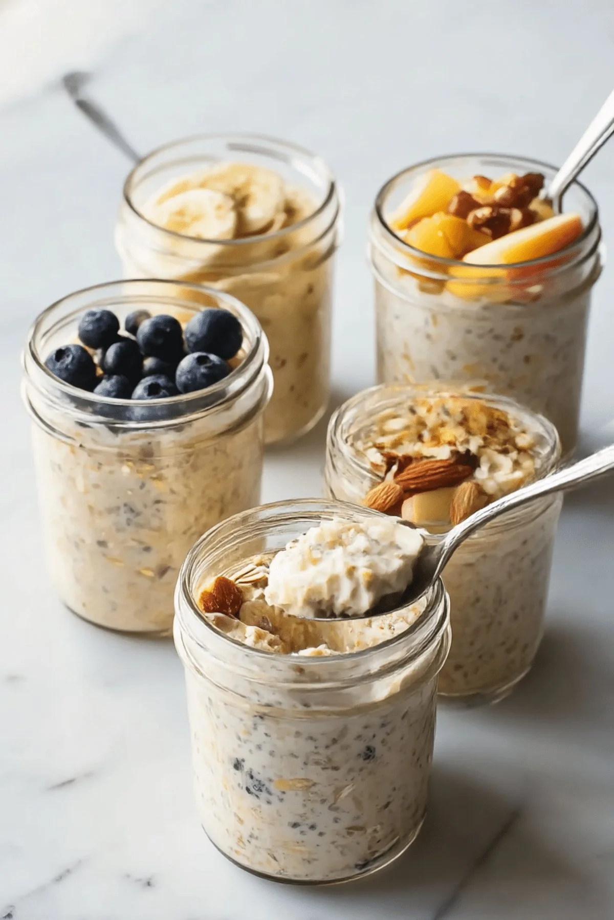 Bowl of colorful overnight oats topped with fresh fruits and nuts