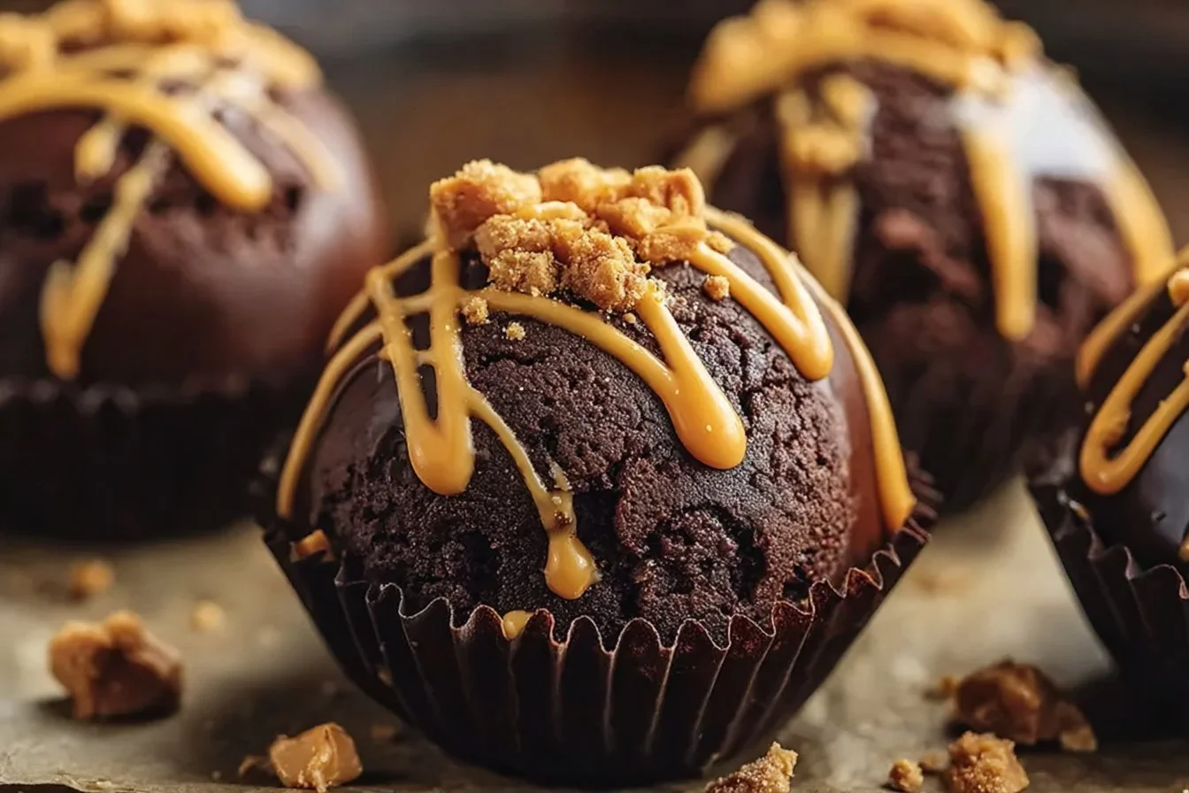 Decadent Peanut Butter Brownie Bombs topped with creamy peanut butter