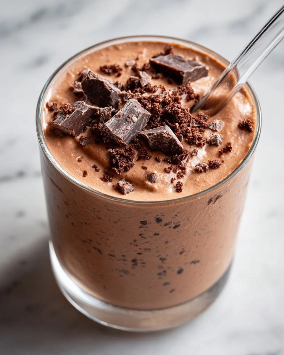 Delicious Peanut Butter Cup Smoothie in a glass topped with chocolate and nuts