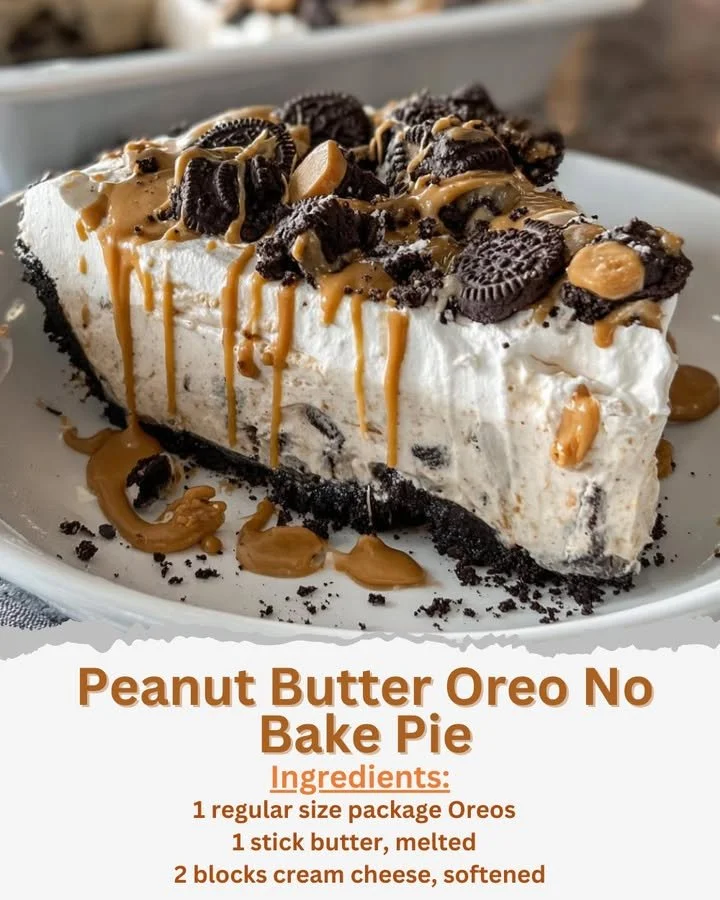 Delicious Peanut Butter Oreo No Bake Pie garnished with Oreo cookies on a plate