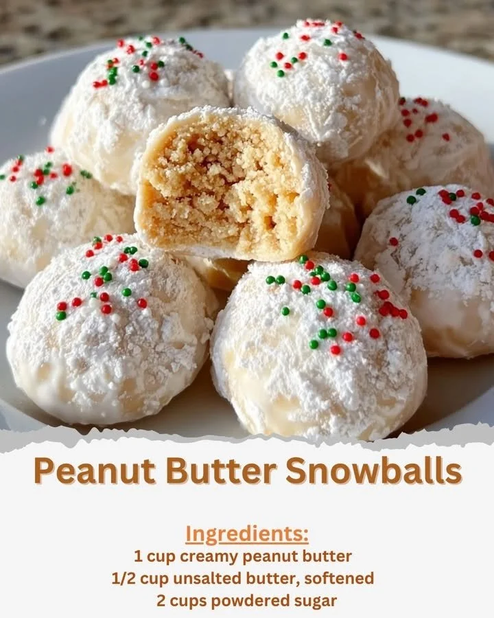 Delicious peanut butter snowballs decorated with powdered sugar on a plate
