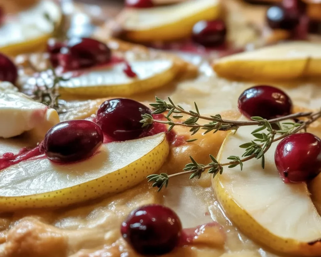 Pear, brie, cranberry, fig jam, and balsamic glaze flatbread fresh from the oven