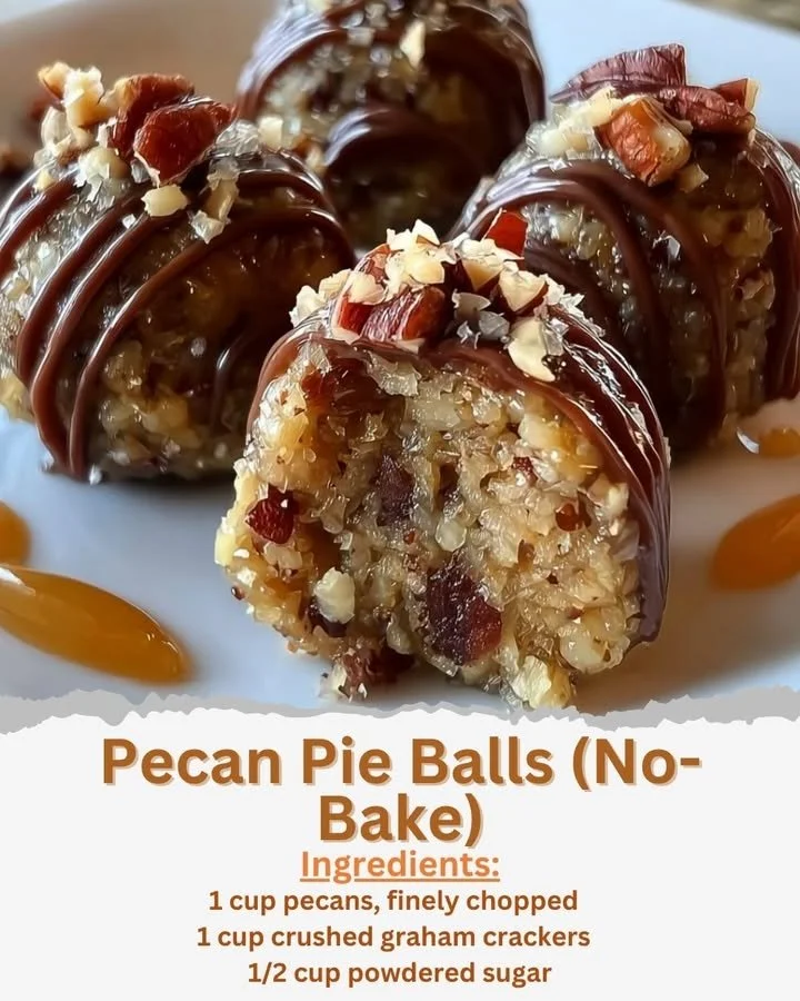 No-bake pecan pie balls rolled in pecans and served as a delicious dessert.