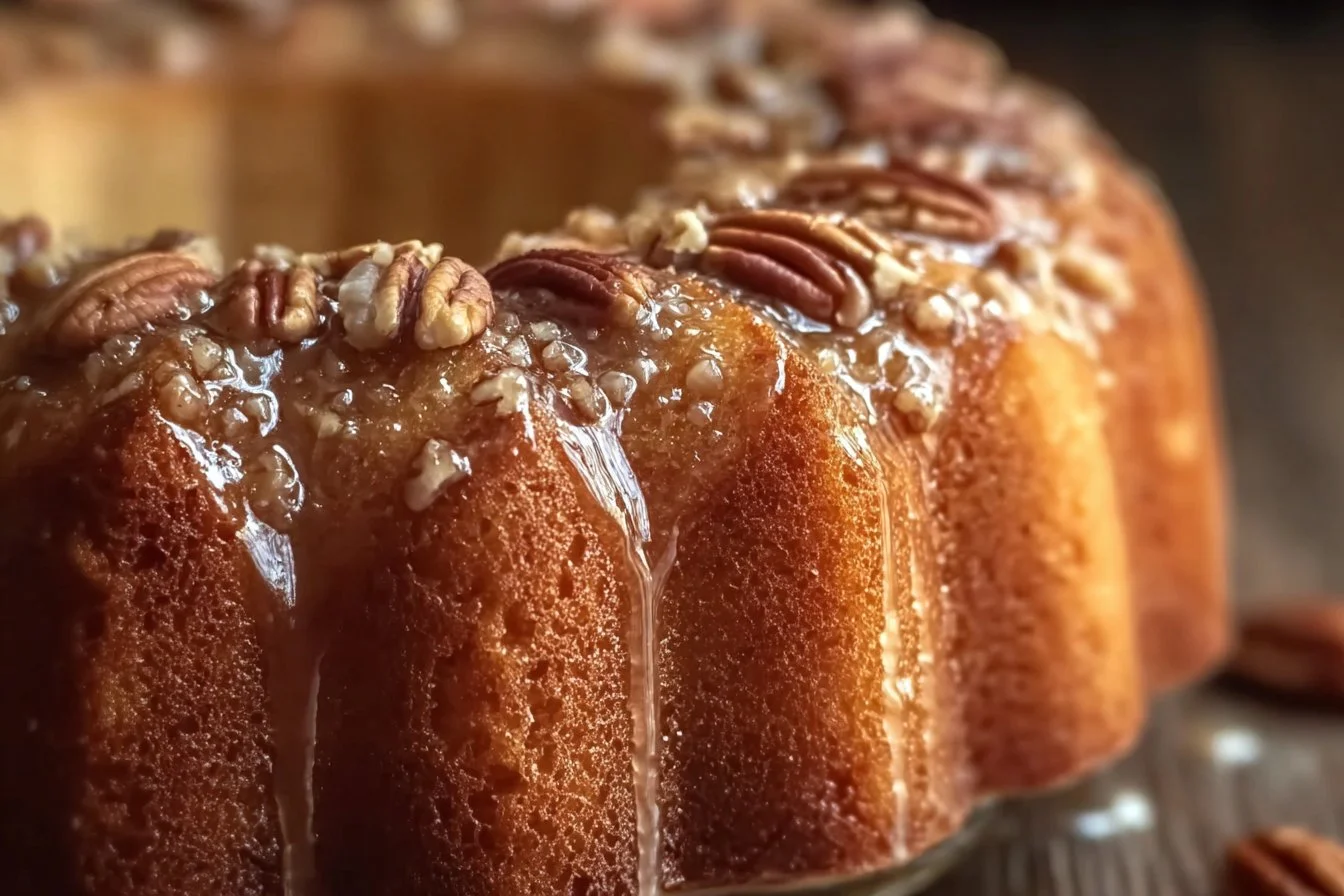 Delicious slice of pecan praline pound cake topped with caramel and pecans
