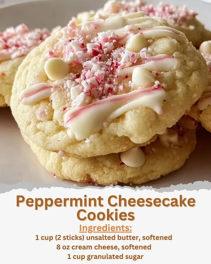 Peppermint cheesecake cookies with festive toppings and a creamy filling.