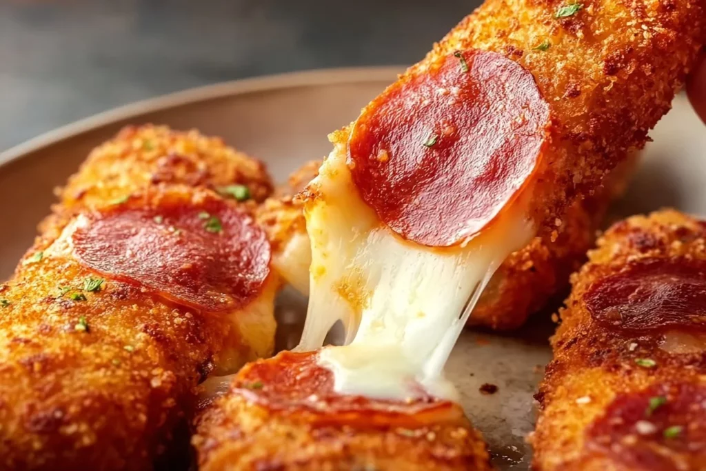 Pepperoni pizza mozzarella sticks served with marinara sauce