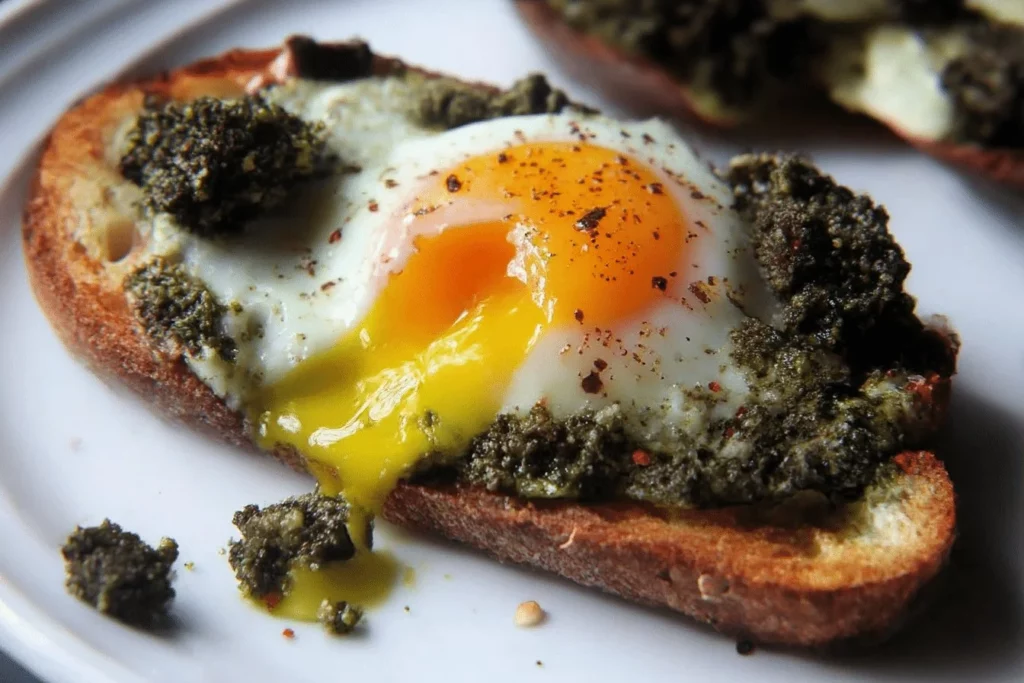 Delicious pesto eggs topped with fresh basil and parmesan cheese.