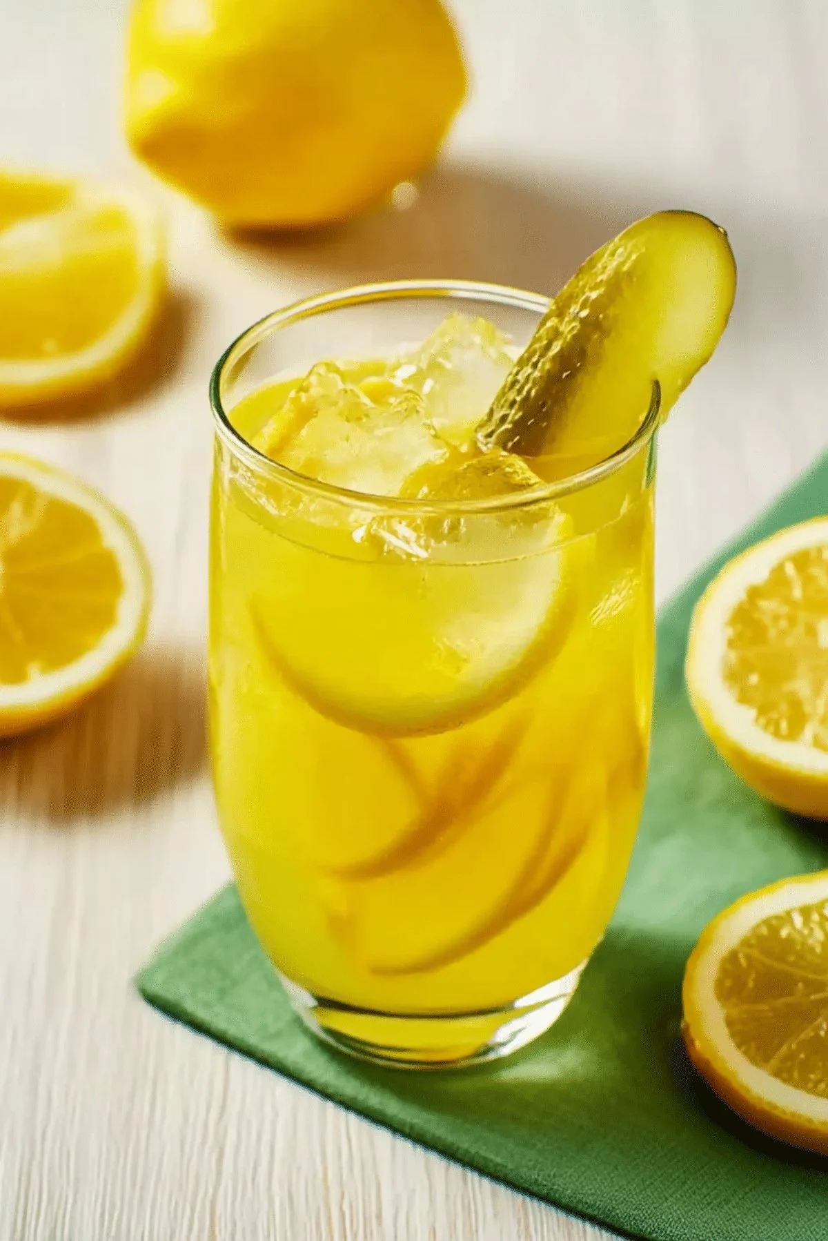 A refreshing glass of pickle lemonade with slices of lemon and pickles